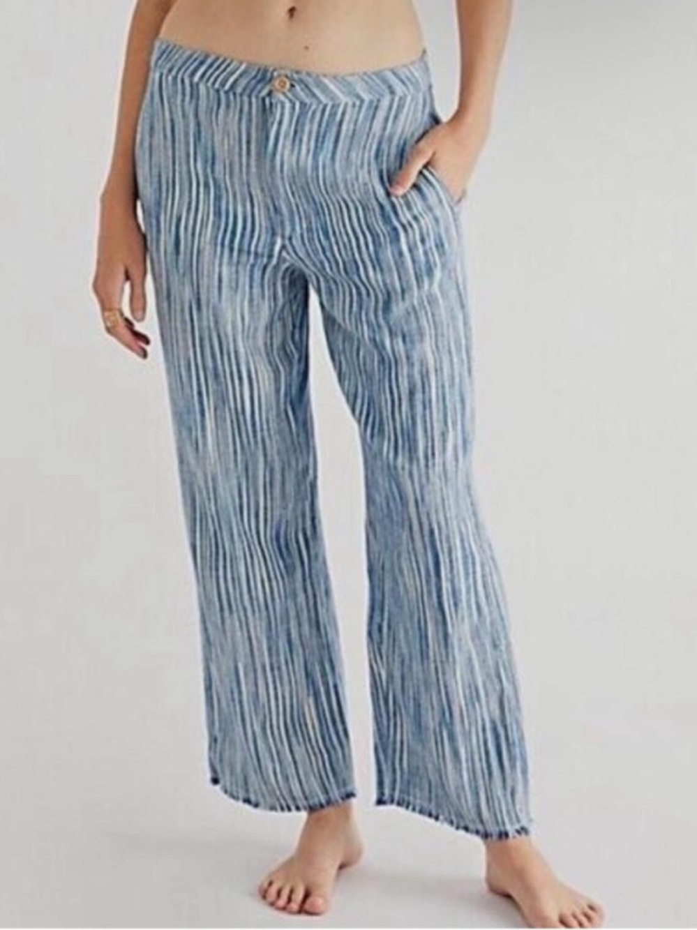 Free People Marta Yarn Raw Hem Blue Dye Boho Wide Leg Trouser Coastal Size 6